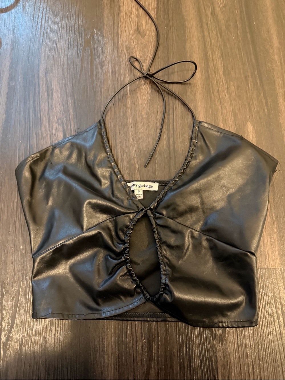 PrettyGarbage Black Faux Leather Halter Crop Top with Keyhole Detail